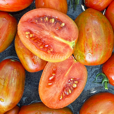 Nahaufnahme von aufgeschnittener Dynamite Delight Tomate mit leuchtend rotem Fruchtfleisch und saftigem Inneren.