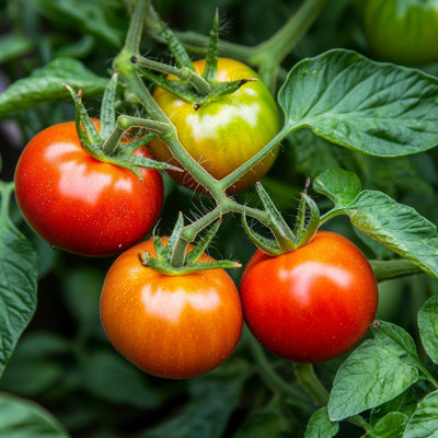 Eine Bucht Tomate in voller Pracht, leuchtend rot, in einem Garten.